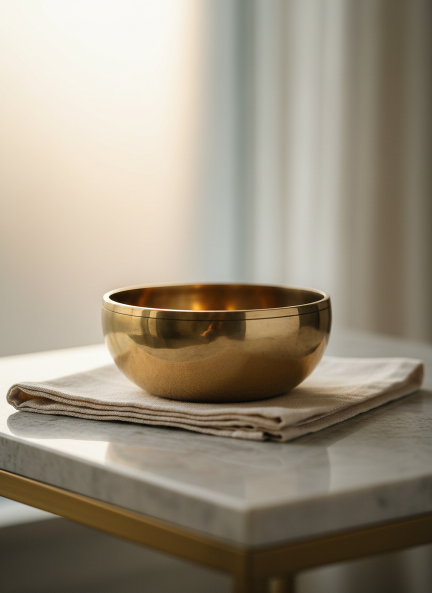 A close-up of a polished brass singing bowl, positioned on a precisely folded cream-colored linen cloth atop a smooth stone side table. The bowl’s surface reflects the diffused morning light filtering through a frosted glass window, producing a warm, inviting glow and subtle highlights along its rim. The uncluttered background fades softly, emphasizing the bowl’s artisanal craftsmanship and the gentle gradation of hues. The mood is quietly meditative, introducing an element of refined serenity. Photographed with a shallow depth of field for emphasis, using a minimalist and corporate photographic style, aligned with the studio’s therapeutic focus.